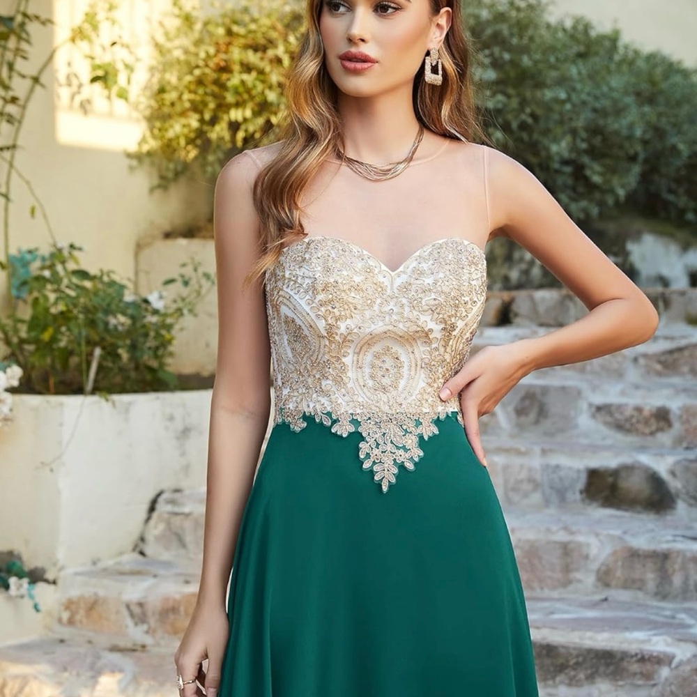 BABYONLINE D.R.E.S.S. Womens A line Chiffon Lace Appliques Gold - Picture 3 of 4